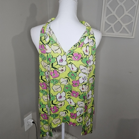 THML Scarf Print Halter Neck Tie Back Sleeveless Chartreuse Floral Y2K Blouse - Picture 10 of 13